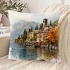 1pc, Lake Garda Italian Watercolor Pillowcase - Vibrant Autumn Scenery with Mountains And Lake, Zipper Closure, Suitable for Sofa, Living Room, Bedroo