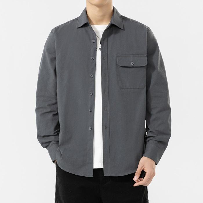 Pure Cotton Long-sleeved Shirt Men's Spring Pocket Solid Color Long-sleeved Shirt Casual Shirt Jacket