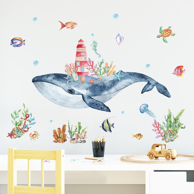 New Undersea Whale Wall Stickers for Children Kids Rooms Wall Decor Cartoon Lighthouse PVC Wall Decals Home Decoration Art Murals