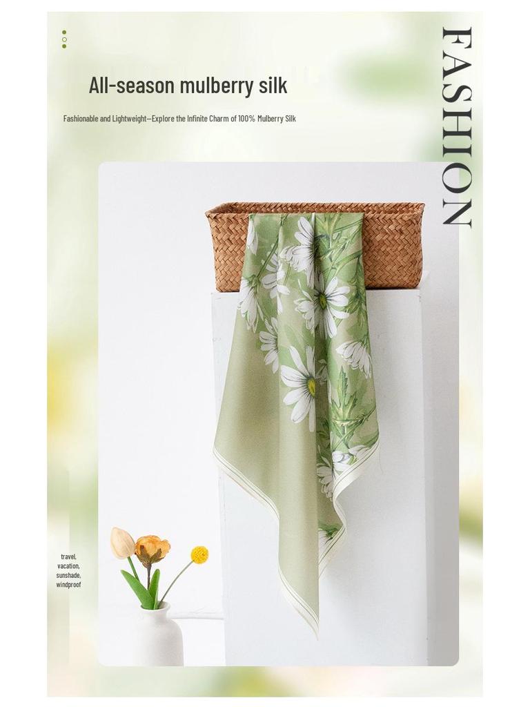 Elegant Green Daisy Mulberry Silk Scarf - Pastoral Style Women's Neck Warmer
