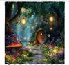 Fantasy Forest Path Shower Curtain Enchanted Green Tree Floral Mushroom Lantern Wonderland Butterfly Spring Landscape Fabric