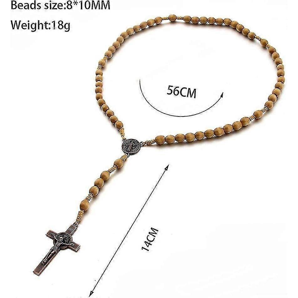 Catholic Cross Rosary Necklace, Natural Wood Prayer Beads With Medal Cross( Light Brown)/yy