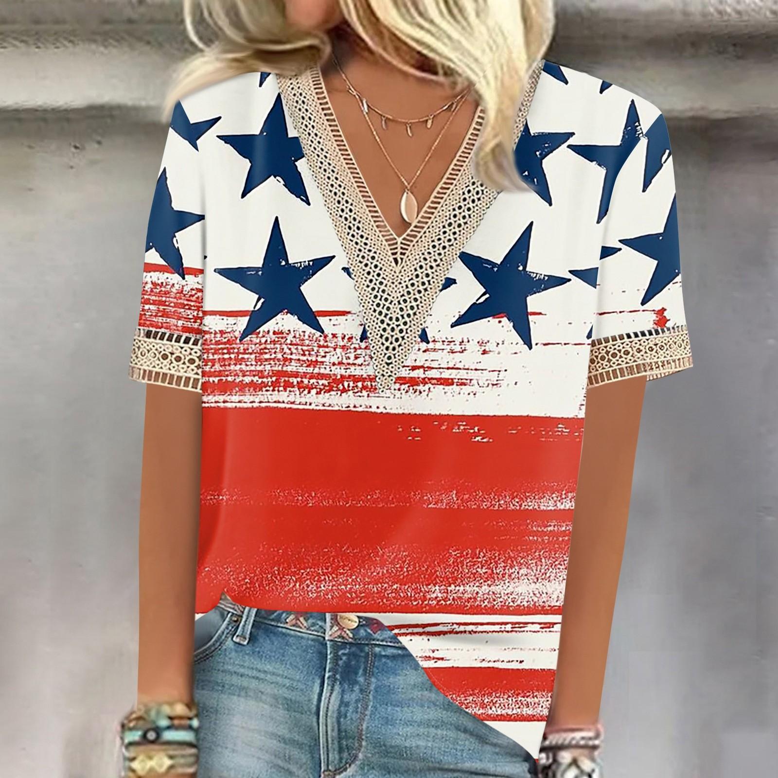 

Женская рубашка-блузка, повседневные свободные рубашки с коротким рукавом и кружевной отделкой, топы с v-образным вырезом и принтом Дня независимости, топы с принтом, футболки XL красный