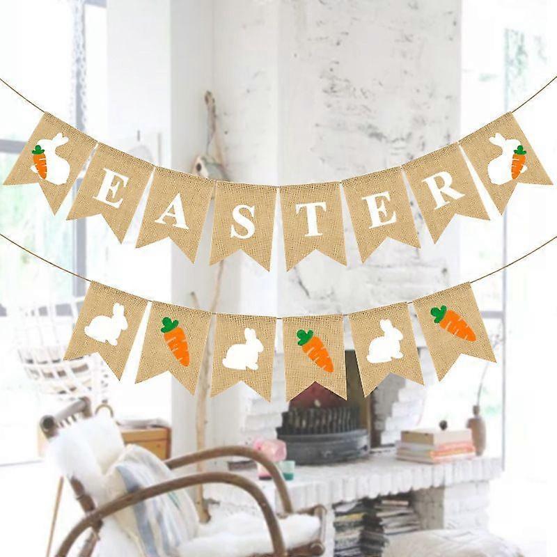 Happy Easter Banner Burlap - Rustic Easter Decorations - Easter Bunny Banner For Mantle Fireplace - Spring Easter Party