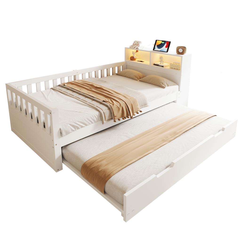 Multifunctional Wooden Bed 90 × 200 cm, With Pull-Out Bed, Shelf and Storage, Equipped With Socket and LED Lighting, Safety Rail, Single Bed, White