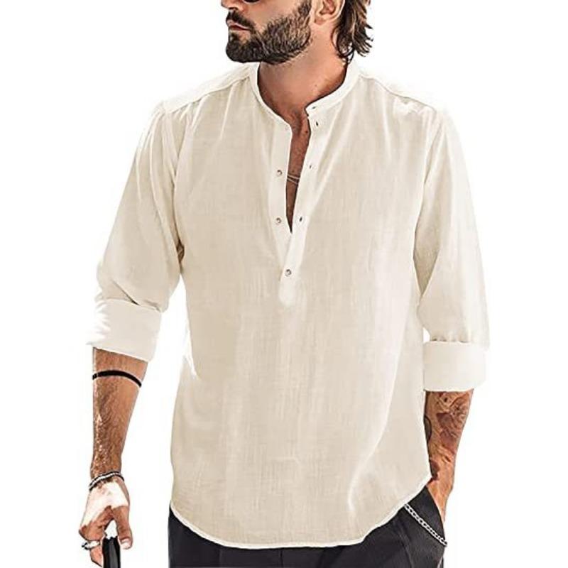 Spring Autumn Casual Men's Loose Shirt Standing Collar Cotton Hemp Long Sleeve Shirts