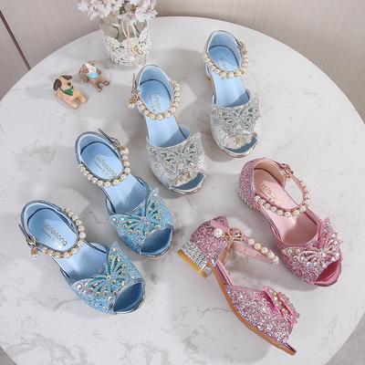 Girls Sandals New Summer Fish Mouth Little Princess Children's High Heels Water Flash Shoes Elsa Frozen Shoes