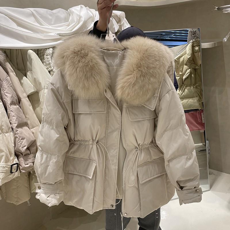 Womens Short Puffer Jacket With Real Fox Fur Collar Drawstring Waist Loose Fit Down Fill Winter