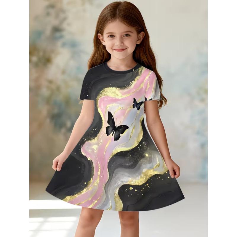 Dress for Girls Sequin Butterfly 3D Printed Short Sleeve Dress Summer Loose Girls' Casual Dress Round Neck Hot Sale Girl Clothes