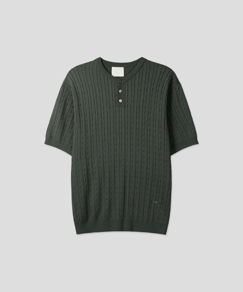Ssei Standard Cable Henley Neck Short Sleeve Knit Khaki