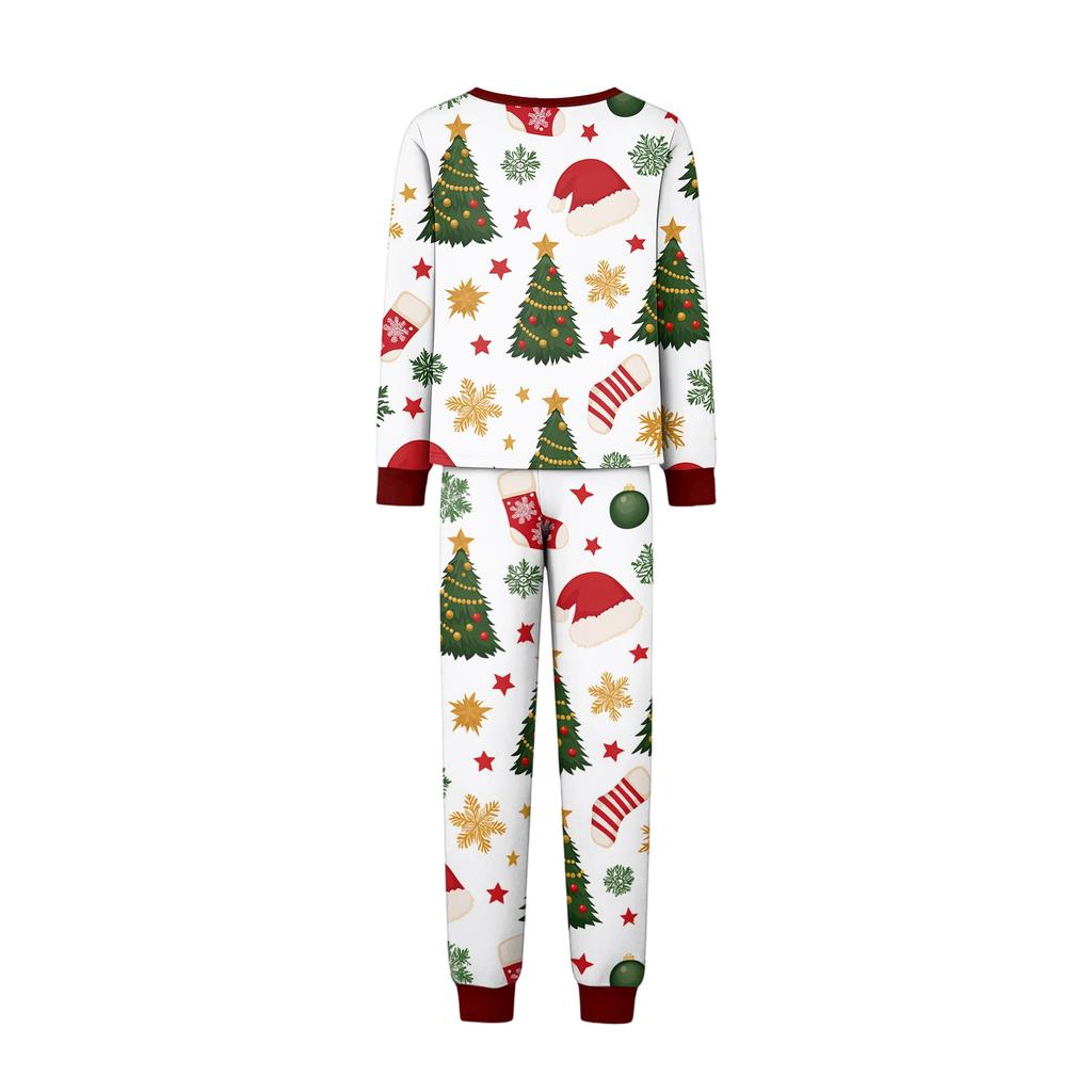 Family Matching Christmas Print Pajama Set Long Sleeve Neck Top and Pants for Parents and Kids