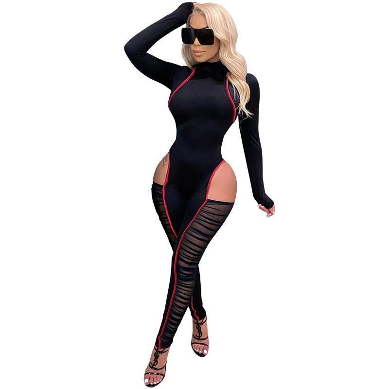 K9790 Sexy Contrast Color Mesh Splicing Jumpsuit for European and American Fashion