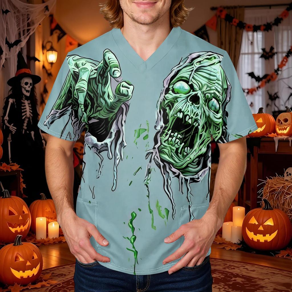Herren Halloween Print V-Ausschnitt Kurzarm Kasack mit Tasche