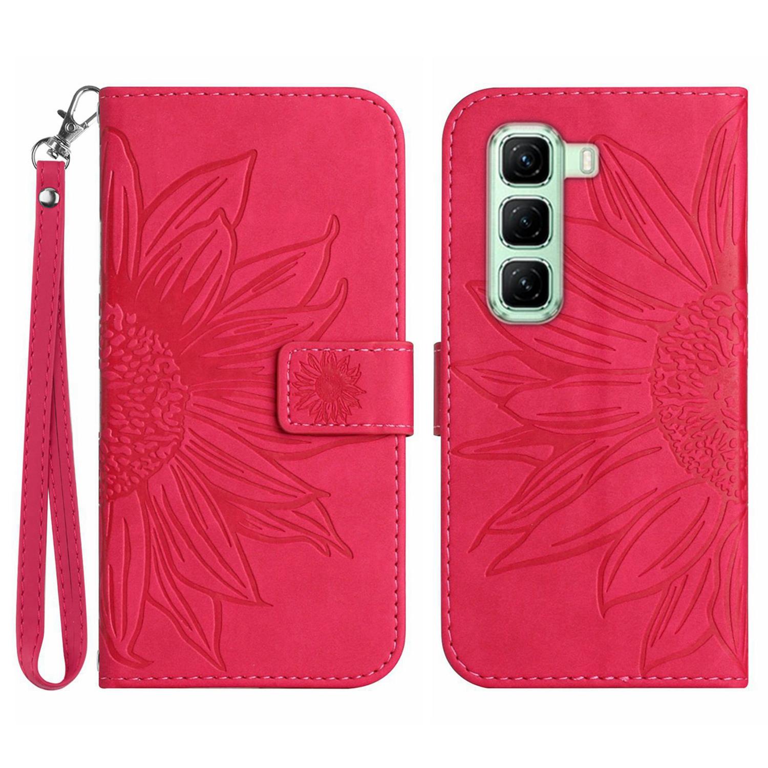 

For Infinix Hot 50 Pro+ 4G Case Sunflower Imprint Leather Wallet Phone Cover with Wrist Strap Rose