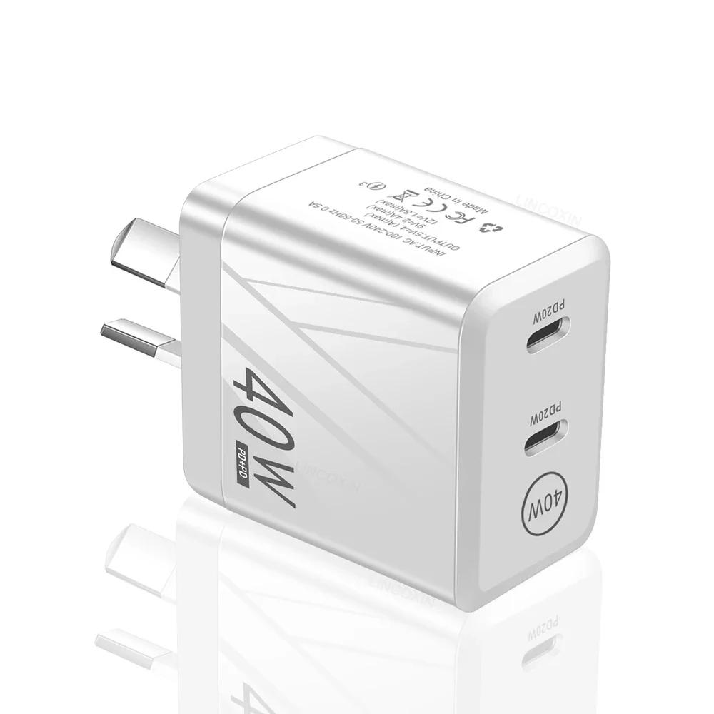 

40W PD Dual USB Fast Charger Phone Adapter for IPhone14 13 Pro Max Xiaomi Samsung Universal Travel Adapter EU US UK Plug AU-White