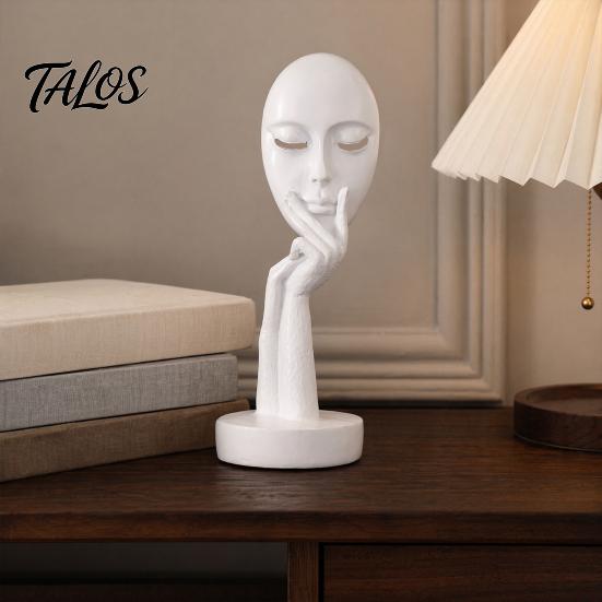Talos Abstract Contemplative Face Resin Sculpture, Minimalist Hand-on-Chin Bust Statue for Desk Living Room Office, Creative Art Decor Entryway