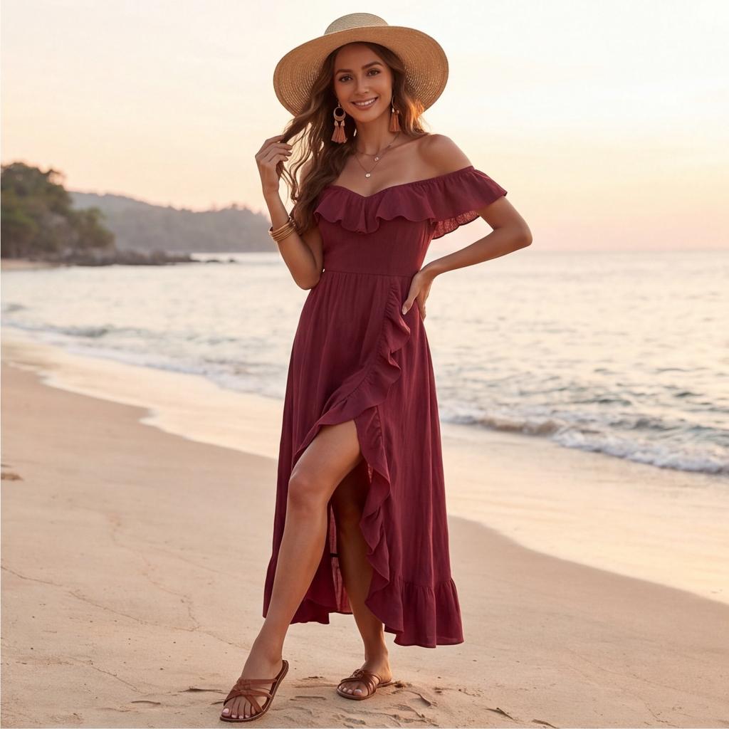 Women's Fashionable Sexy Ruffle Edge French One Shoulder Temperament Vacation Loose Dress