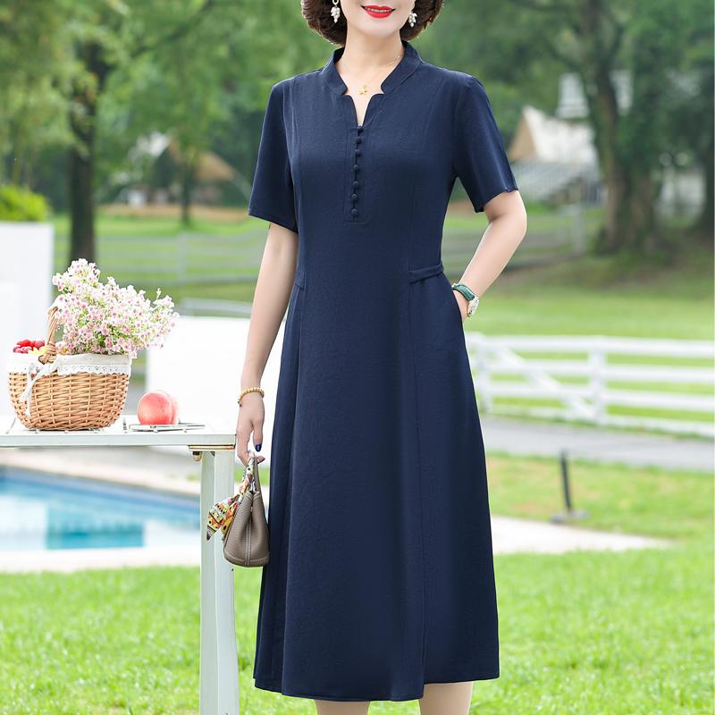 

Женское платье миди большого размера – Платье А-силуэта с пуговицами, V-образным вырезом и короткими рукавами (Размеры XL-5XL) ко Дню матери XL темно-синий