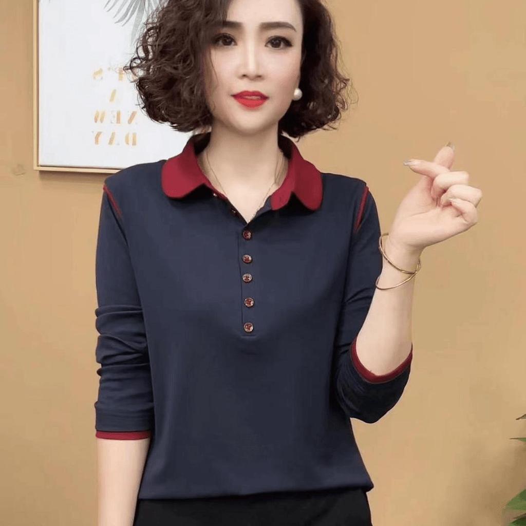 Chemise Polo à Manches Longues pour Femme - Printemps/Automne Base Polyvalente Réduisant l'Âge