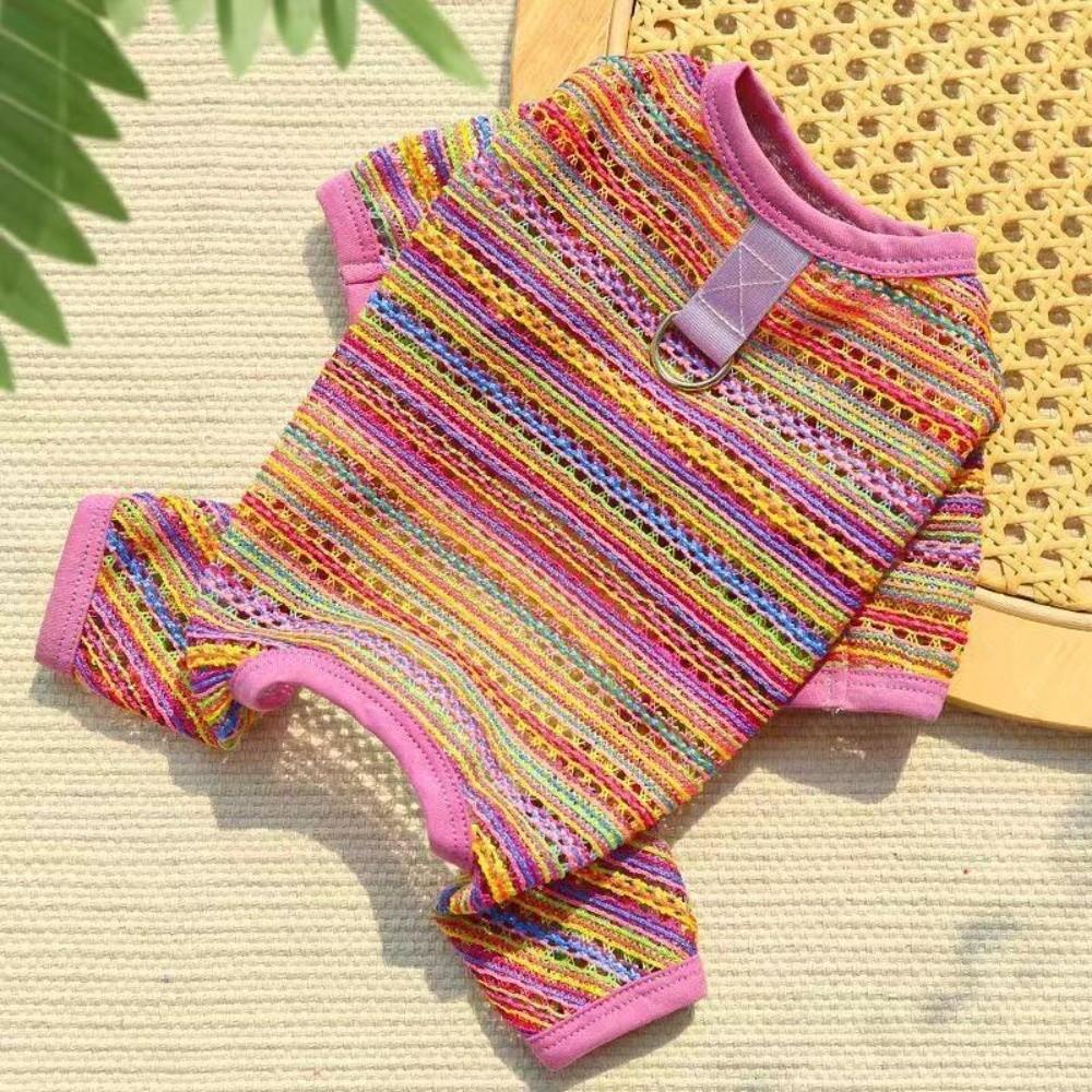 

Breathable Mesh Dog Sun Protection Clothes Colorful Stripes Puppy Rompers Outdoor Walking M фиолетовый