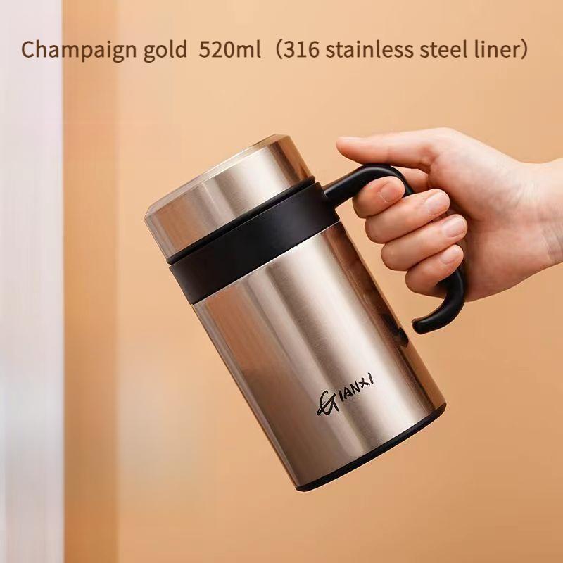 Taza térmica de acero inoxidable para hombre, taza térmica aislante y fría para oficina, taza de té con filtro portátil para negocios con asa