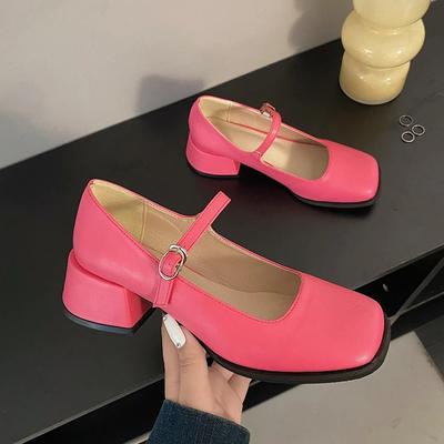 Fashion Red Med Heels Mary Jane Shoes for Women Square Toe Ankle Buckle Pumps Woman Pu Leather Thick Heeled Party Shoes Ladies