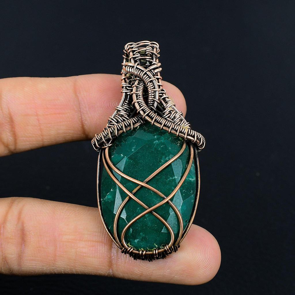 Emerald Pendant, 999 Copper Wire Wrapped Pendant Gemstone Jewelry, Handmade Pendant Amazing Jewelry, Gift For Her
