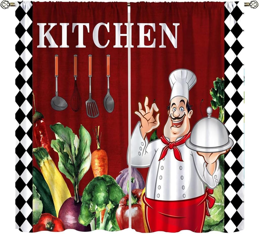 Chef Window Curtains, Fat Funny Cook Theme Curtains For Bedroom & Living Room, Red Black Buffalo Check Plaid Kitchen Drape