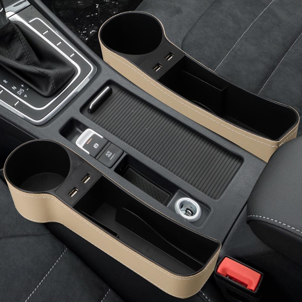 Phone Bottle Cups Holder Box Car Accessories Seat Gap Slit Box Car Organizer Dual USB Charger Leather Car Seat Gap Storage Box