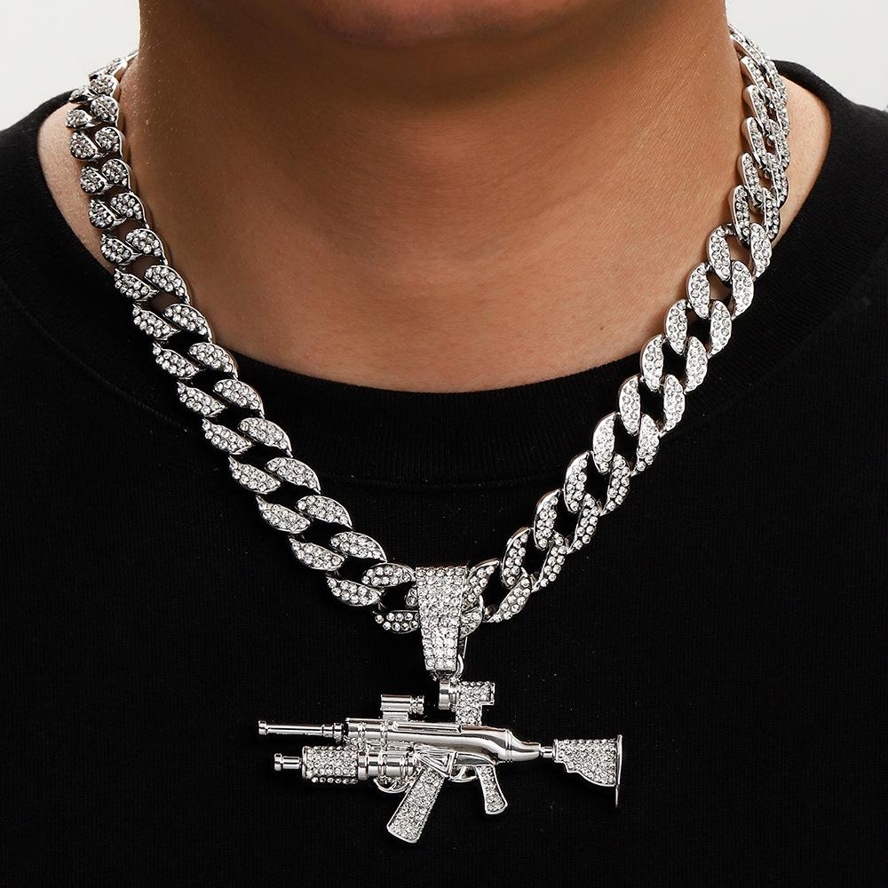 Diamond Gun Jewelry Alloy Simulation Ak Weapon Model Flash Diamond Jewelry Hip Hop Men'S Necklace Full Diamond