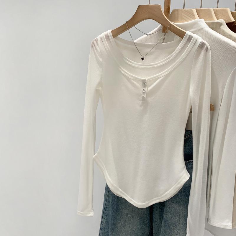 

Women s Korean Minimalist White U-Neck Long-Sleeve Base Shirt – Spring 2026 Style, Perfect Alone Large белый