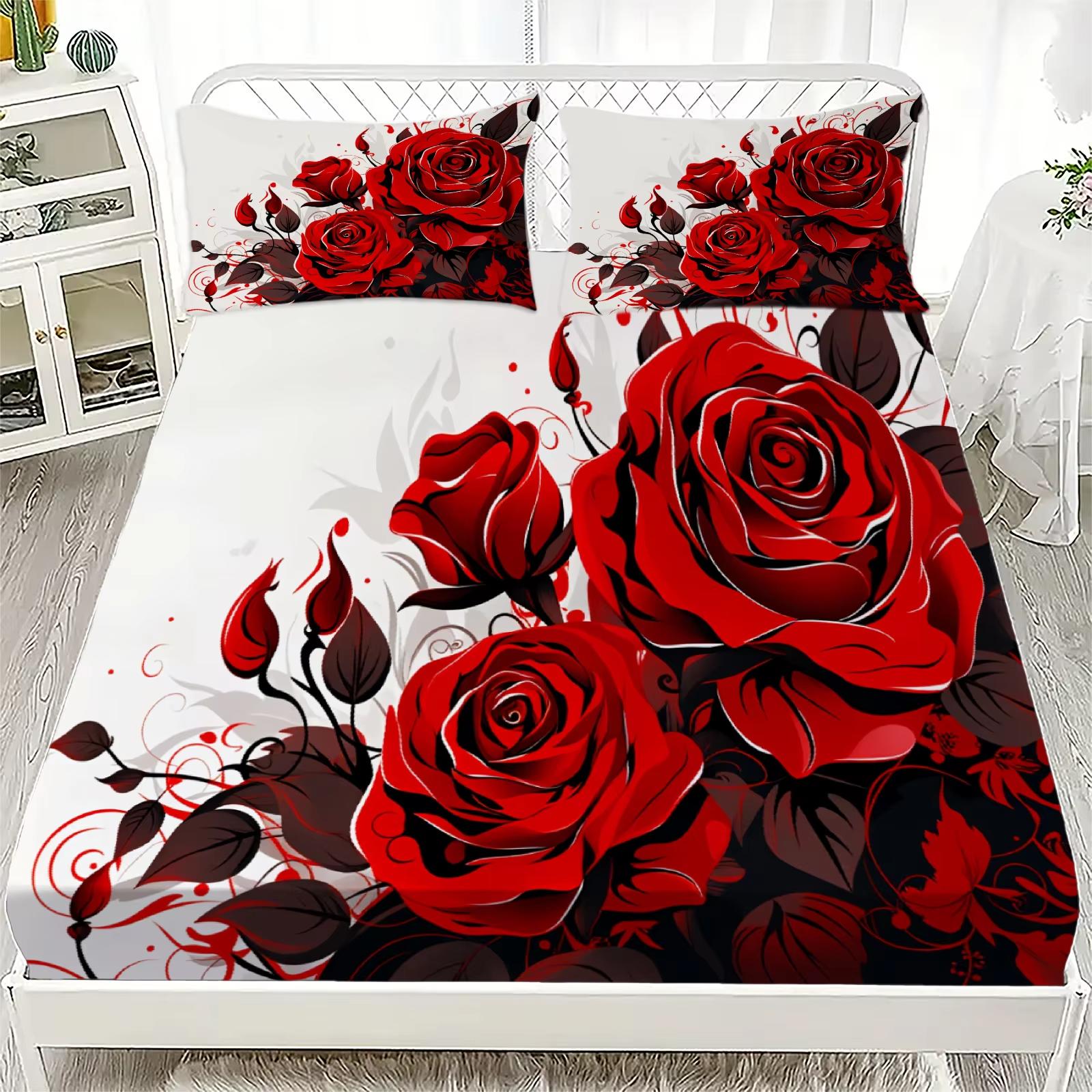 

3pcs Fitted Sheet Sets 3D Vivid Floral Roses Blossoms Gifts For Couples Room Decoration Soft Flat Sheet With 2 Pillowcases 160x200x25cm