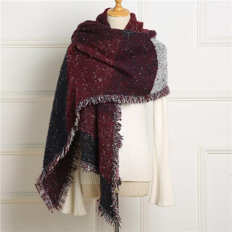

Женская шаль осень-зима контрастного цвета с кисточками, теплая утолщенная длинная шерстяная шаль вино красного