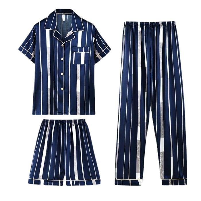 Fashion Summer Autumn 3 Piece Silk Men Pajamas Set Short Sleeve Shorts Oversize Homewear Lapel Collar Loungewear Pijamas for Man