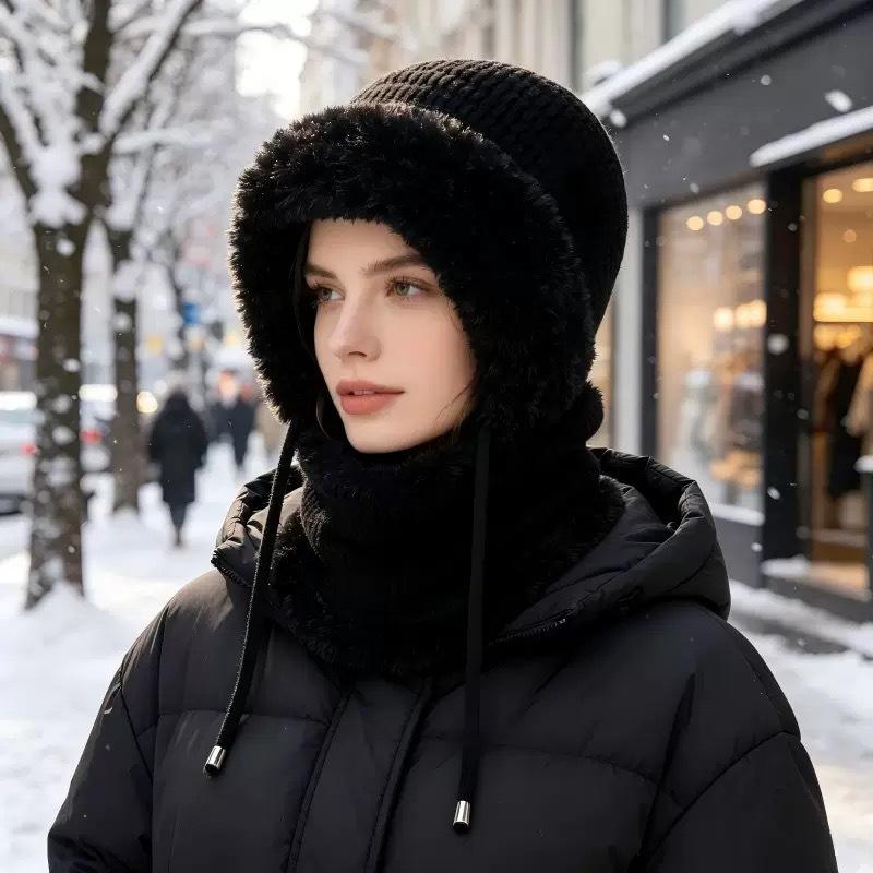 **Stor Hovedstørrelse Integreret Hue Kvinder Efterår Vinter Fleece Fortykket Ansigtsdækning Strikket Hue Halsedisse Maske Varm Pullover Balaclava**