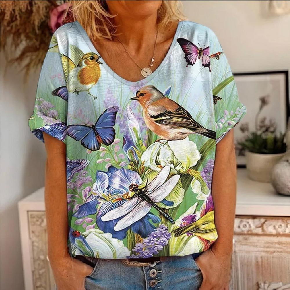

Women V-Neck Short Sleeve T Shirt Y2K Tees Tops Female Clothing New Hummingbird T-Shirts Animal Bird 3D Print S