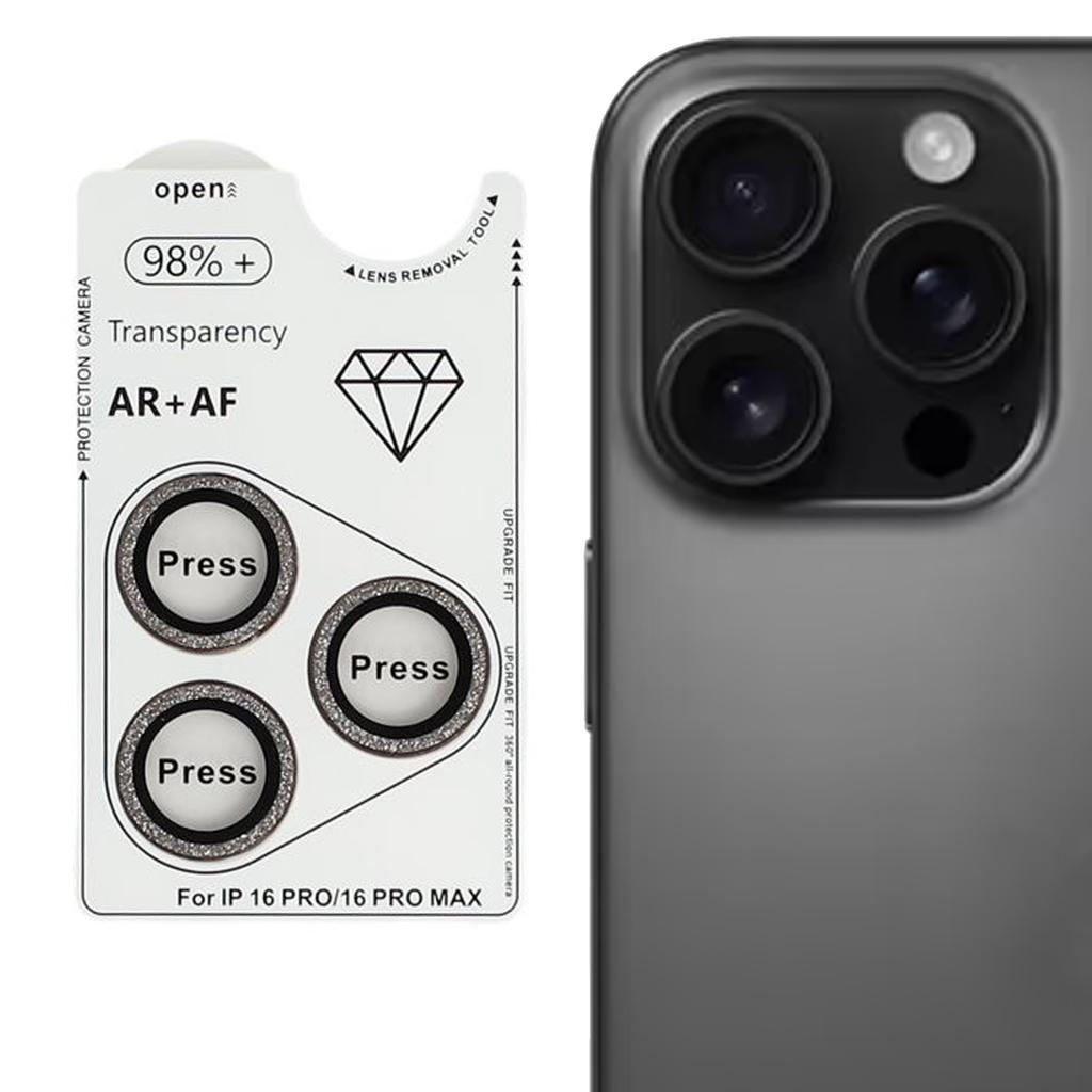For iPhone 16 Pro/16 Pro Max Camera Lens Protector Glitter Tempered Glass+Metal Lens Film