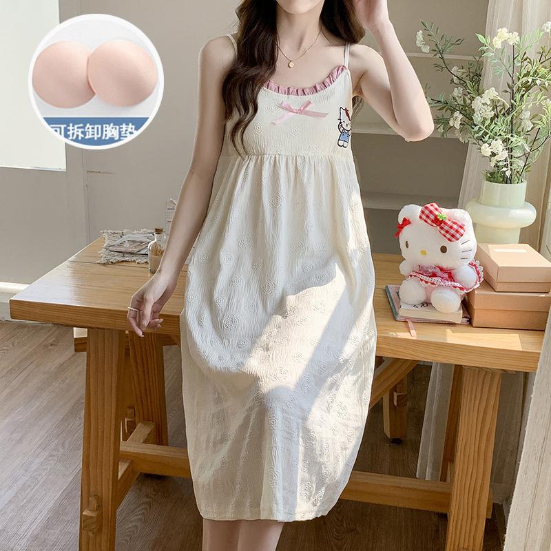 Summer New Woven Embossed Cloud Cotton Suspender Nightdress Women with Chest Pad Girl Loose Large Size Loungewear Long Dress