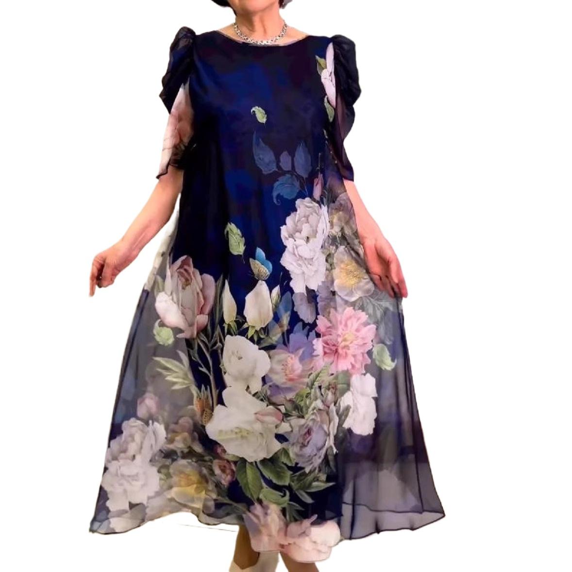Xqwewanticedd Women's Blue Summer New Models For Independent Stations, European And American Fashion Chiffon Splicing Crew Neck Dress Cm