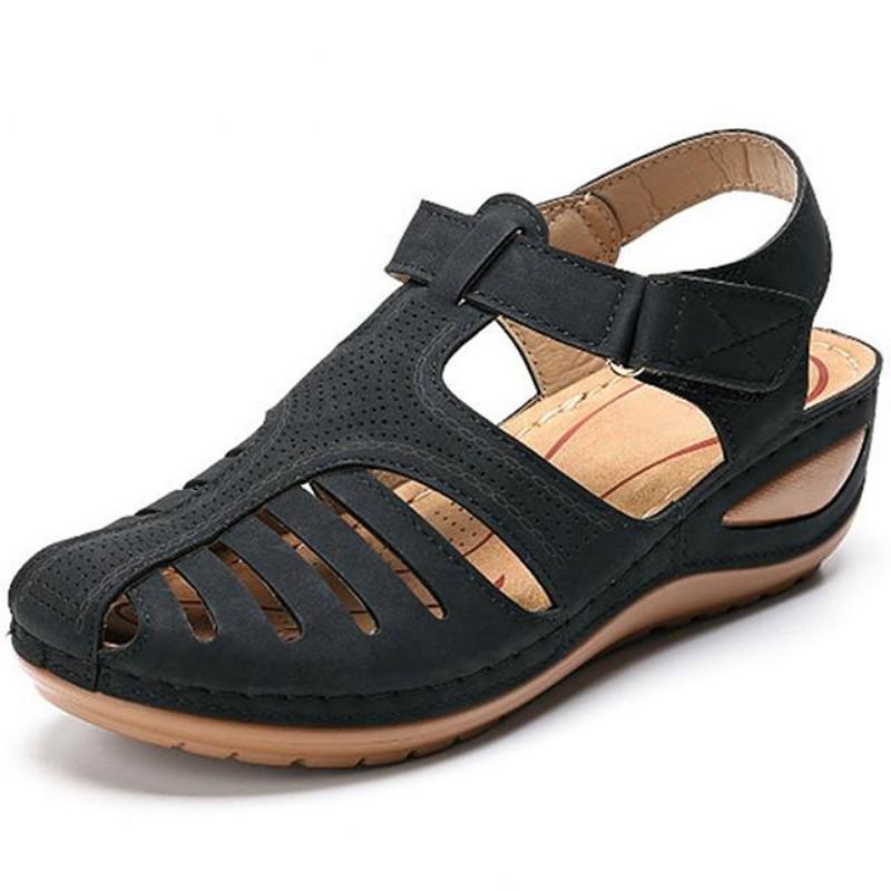 Woman Solid Color Vintage Wedge Sandals Ladies Platform Hollow Out Buckle Shoes Footwear