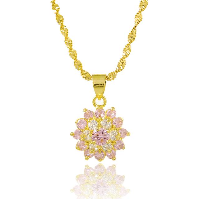 High End 24K Real Gold Color Pendant Necklace Electroplating Inlaid Cubic Zircon Powder Crystalline Gold Color Necklaces Woman Charm Jewelry Souvenir