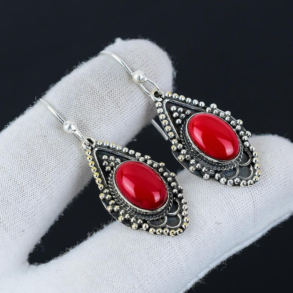 Natural Red Coral Gemstone Earrings, 925 Sterling Silver Earring, Handmade Boho Silver Jewelry Dangle Earrings, Wadding Gifts