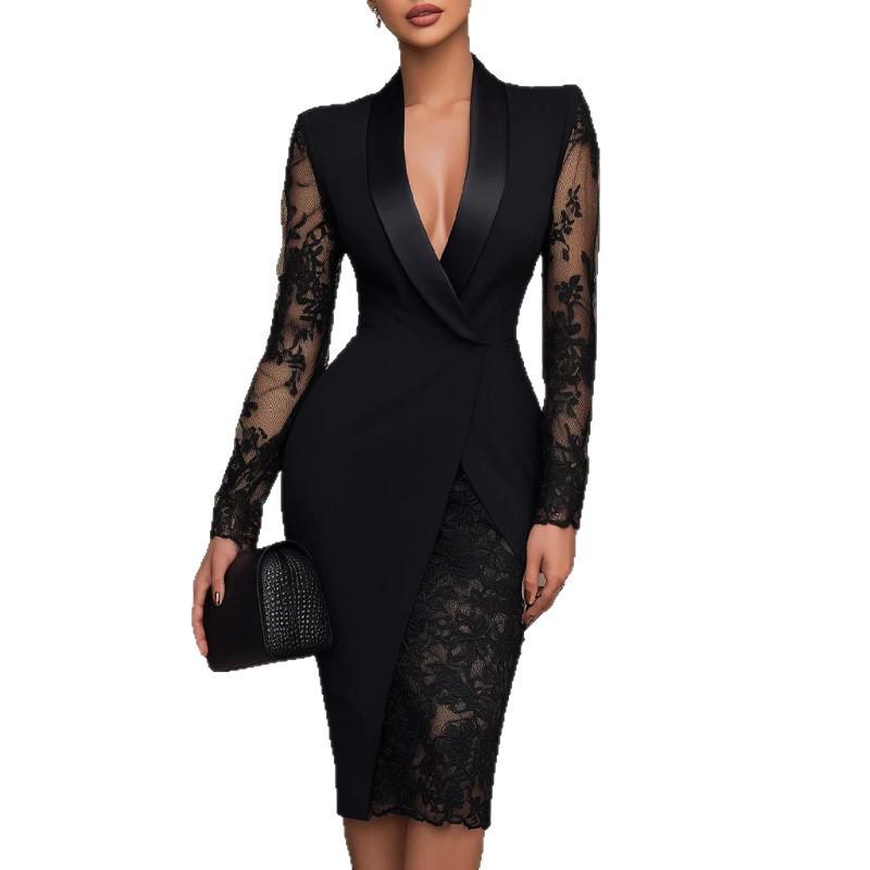 2026 Solid Color Lace Patchwork Lapel Dress – Long Sleeve, Waist-Cinching Casual Suit for Europe & America