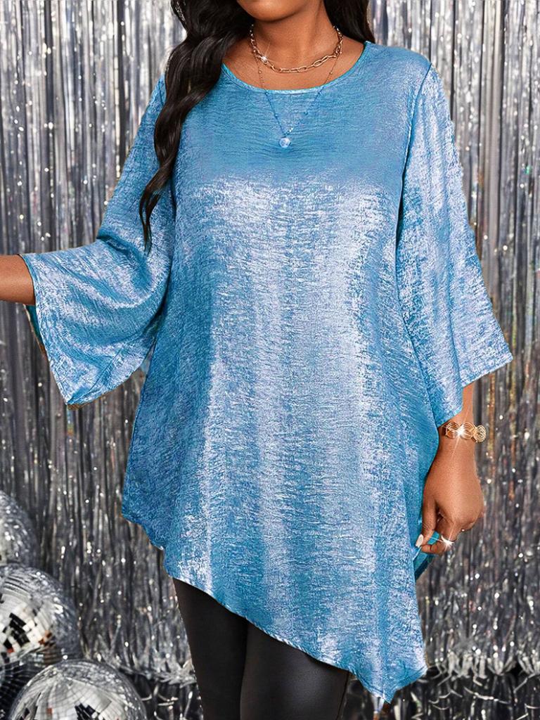 Plus Size Loose Round Neck Three Quarter Sleeve Irregular Hem Top For Women