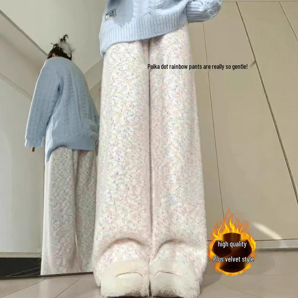 

Women s Autumn Polka Dot High-Waisted Fleece-Lined Wide-Leg Knitted Pants, 145cm Petite M (96-110 jin)