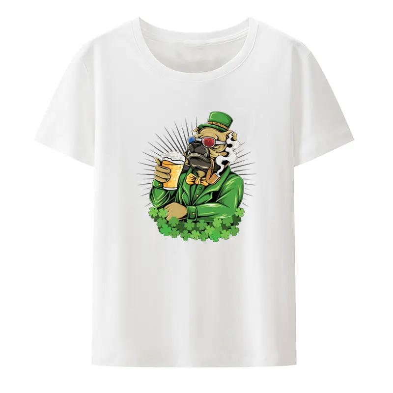 Bulldog St Patrick's Day Hat and Glasses Print T Shirt Summer Short-sleev O-neck Hipster Streetwear Creative Leisure Camisetas