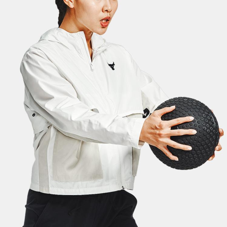 Under Armour Project Rock Training Sports Woven Hoodie Jacket Women Tops Agate-White 1361076-112