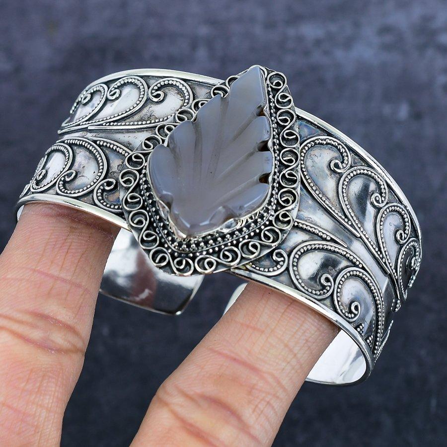 Natural Aqua Chalcedony Carving 925 Sterling Silver Cuff Bangle Adjustable e2s03