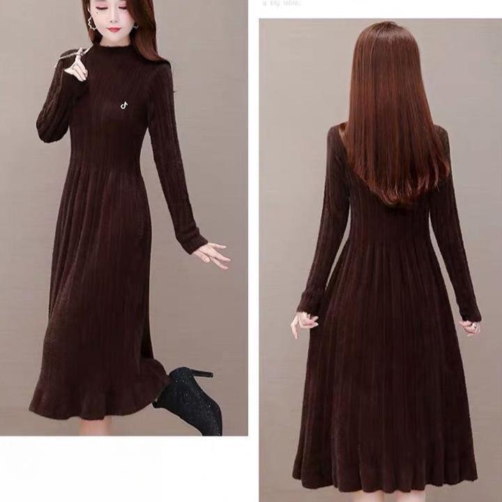 Long Knitted Dress for Women Autumn Solid-color Sweater Dress Imitating Mink Fur Cinched Waist and Trendy Solid-color Long-sleeved Knitted Sweater