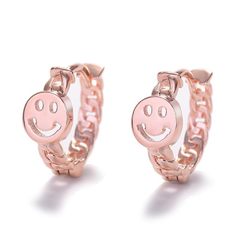 Nuevos Pendientes Chapados Cadena Redonda Carita Sonriente Pequeña Pendientes Individuales Oro Rosa Hebilla para la Oreja